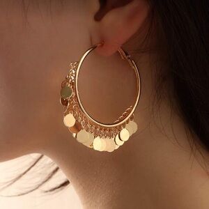 Anthropologie Luxe Gold Disc Cascade Hoop Earrings